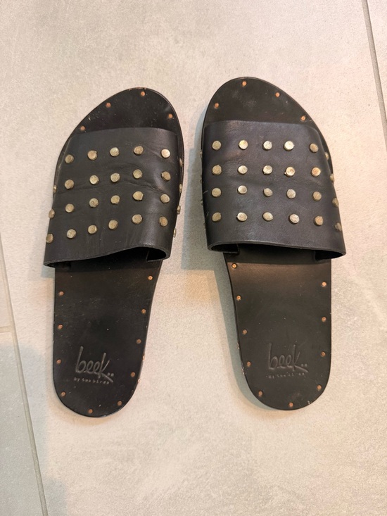 beek Shoes - beek Black Leather Slide with Gold Studs